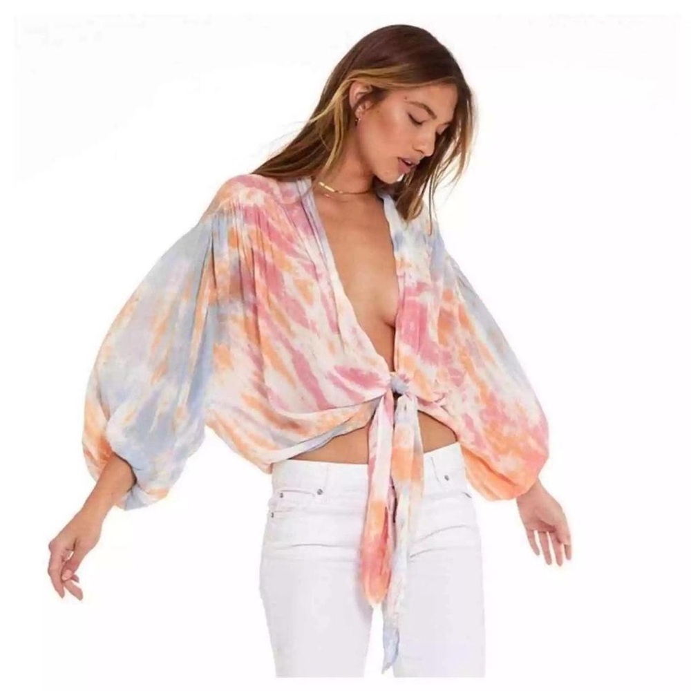 Young Fabulous & Broke Top Carmen Tie Dye Balloon Sleeves Boho Rayon Size Small